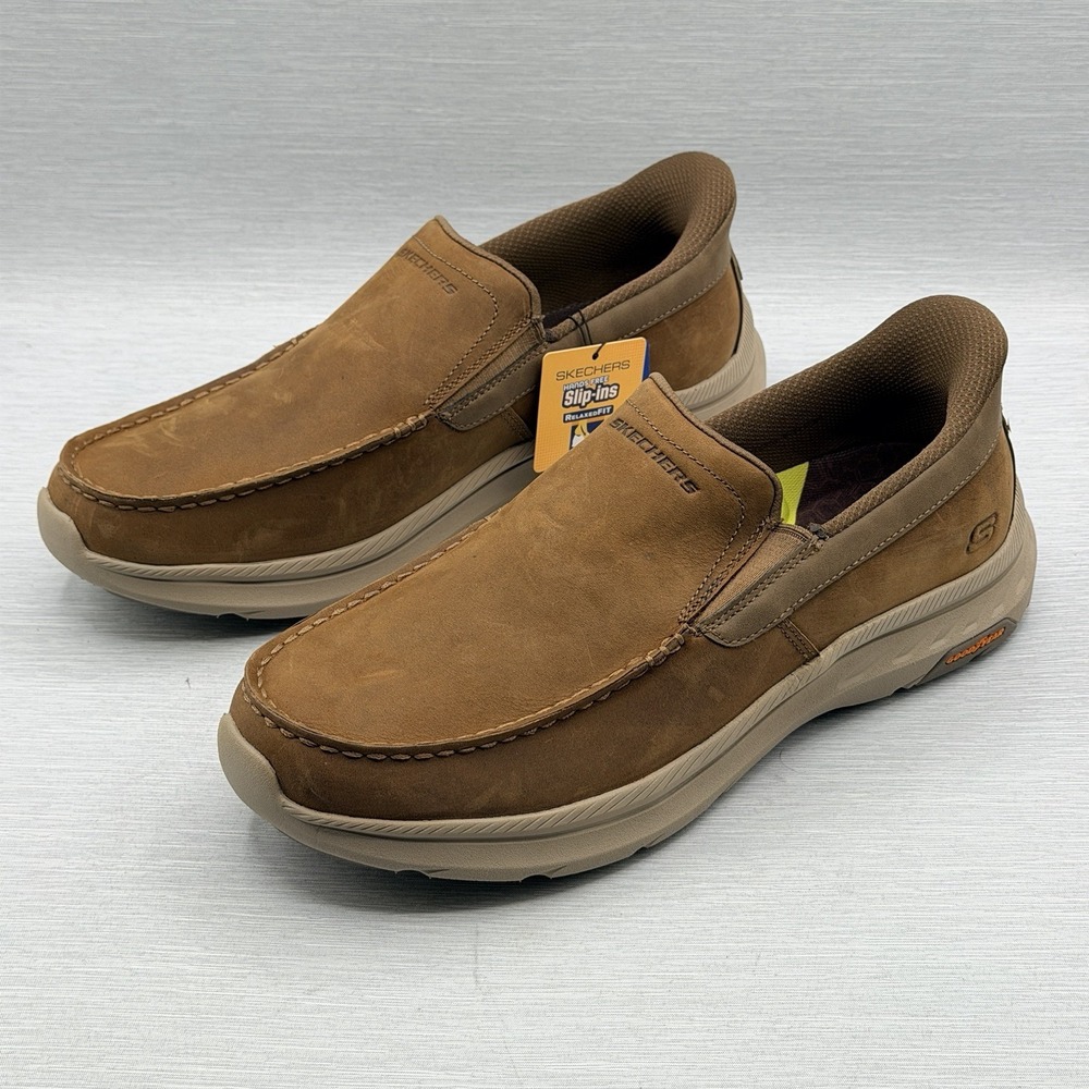 Skechers Slip Ins Men's 11.5 Wide 2E Shoes Brown Leather Loafers Pollard 205334